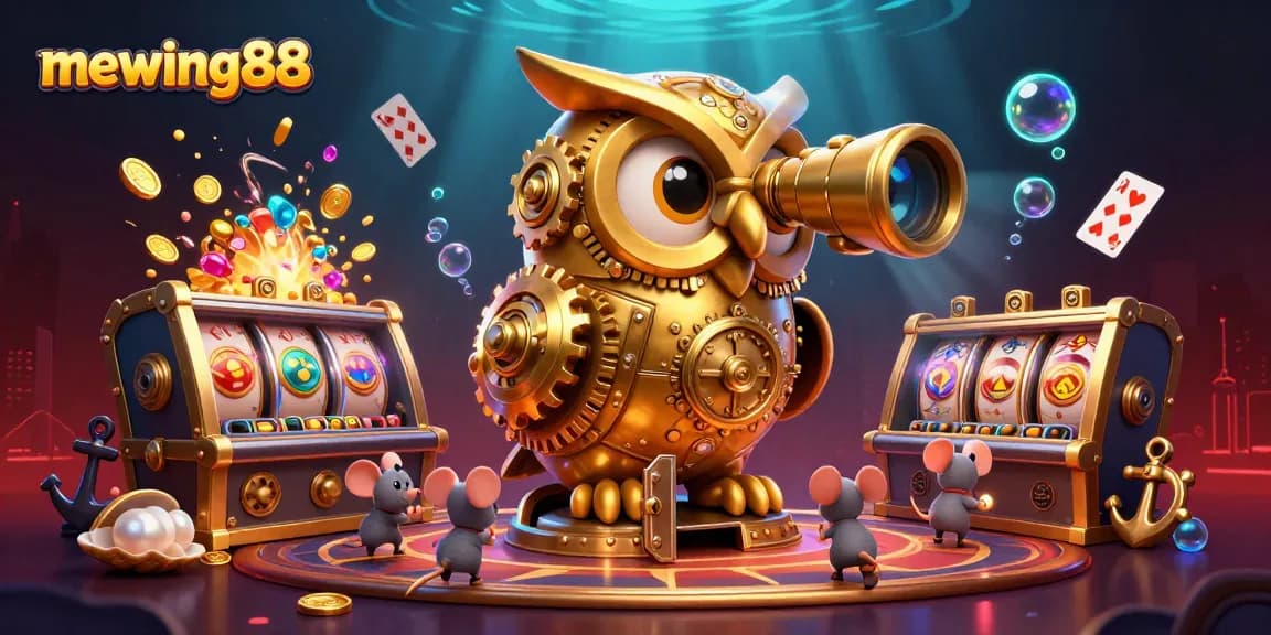 Experience the thrilling slot action at mewing88 with a captivating casino scene featuring creative characters and vibrant elements.