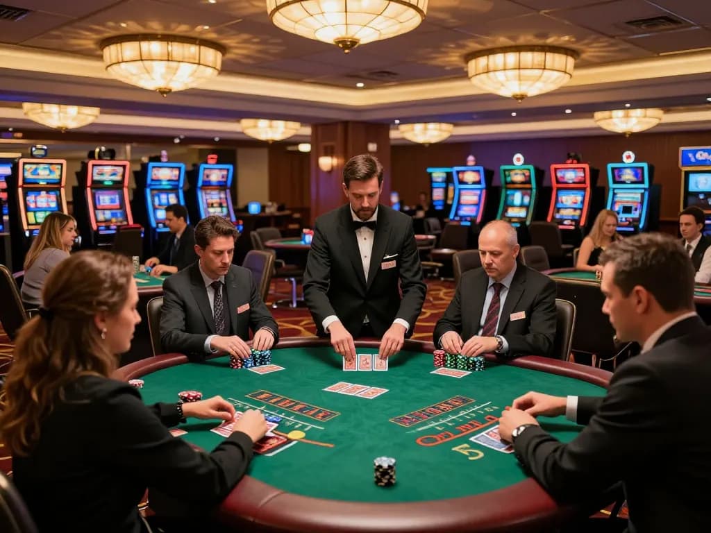 LUCKY88 players strategizing at a blackjack table in a vibrant casino atmosphere.
