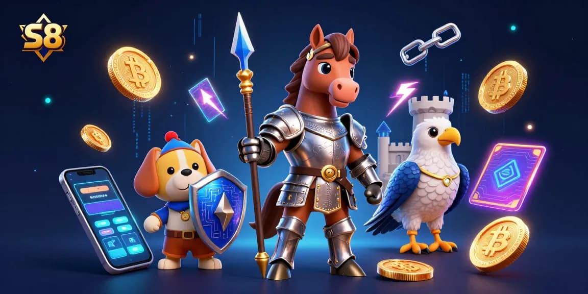 S8 offers exciting gameplay with vibrant characters and crypto elements in this dynamic casino illustration.
