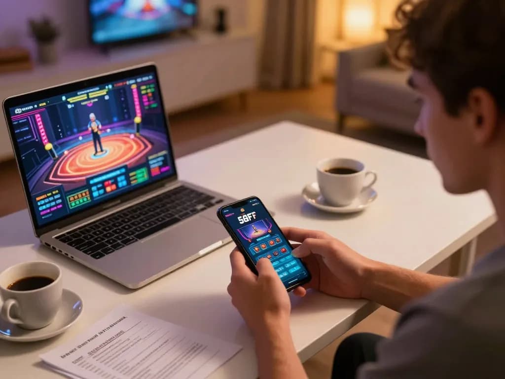 Player engaging with the 58ff casino app on smartphone in a cozy home setting, creating an inviting gaming atmosphere.