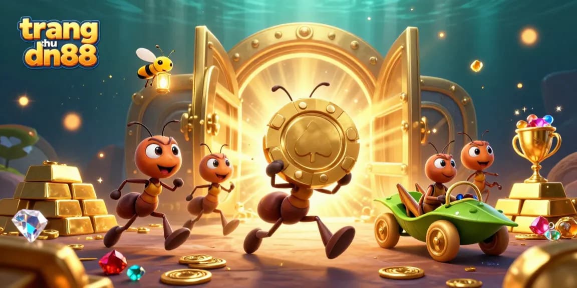 Play and win at trang chu dn88 with a dynamic heist scene featuring animated ants and treasure.