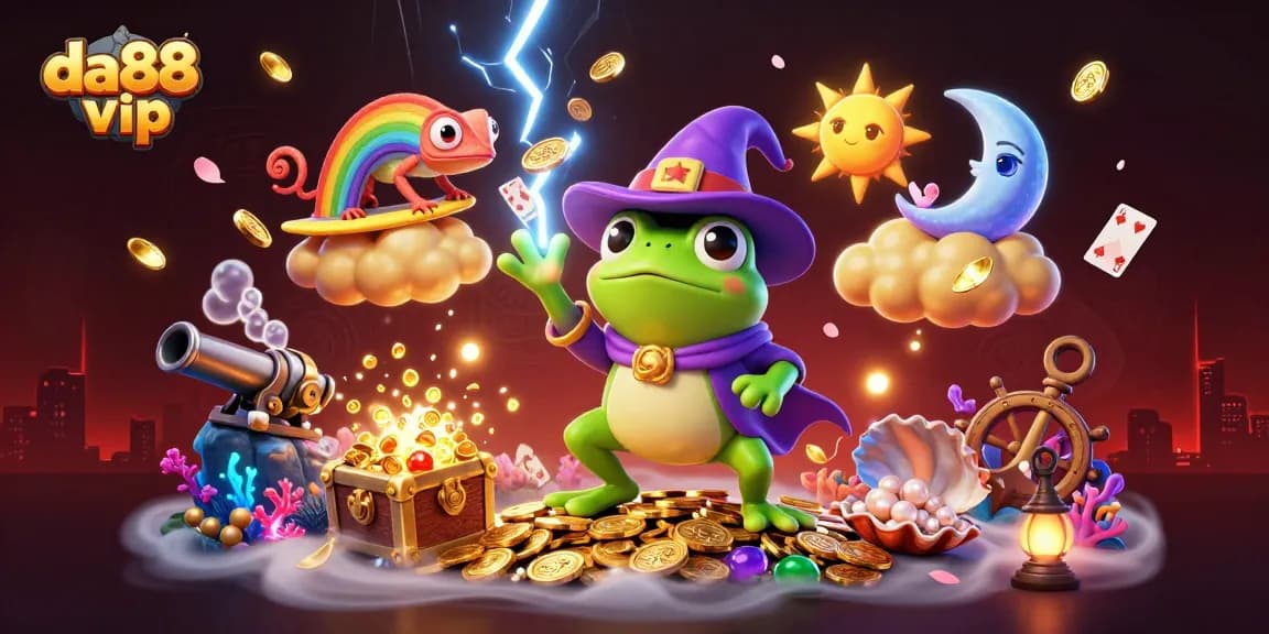 Win big with da88 vip as the weather wizard frog conjures golden coins in an exciting casino scene.