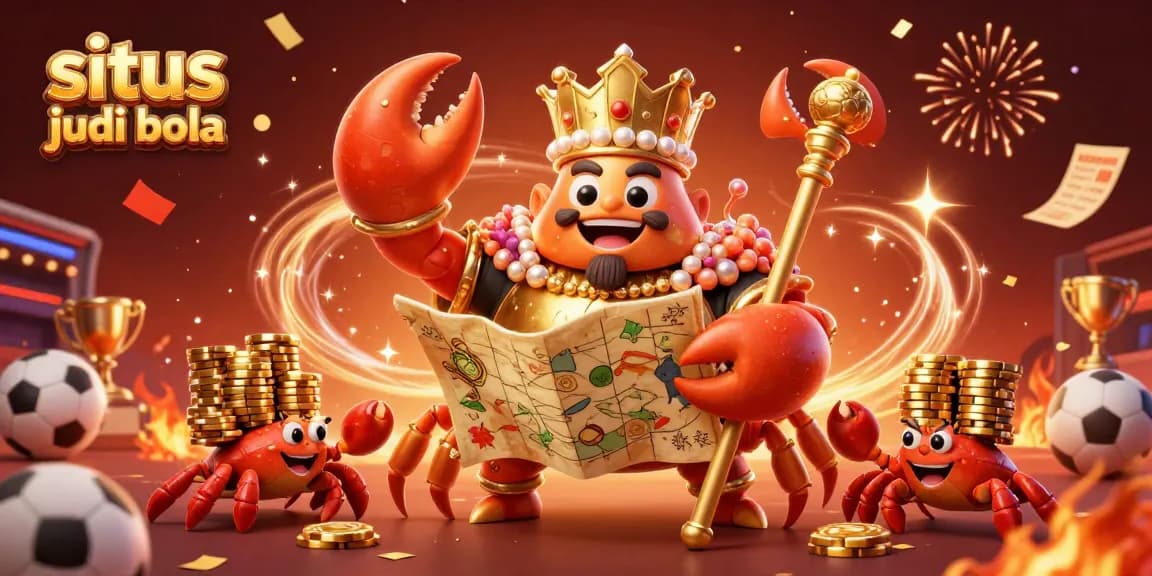 Situs judi bola menampilkan rajak crab emas dengan scepter dan peta, dikelilingi elemen taruhan olahraga.