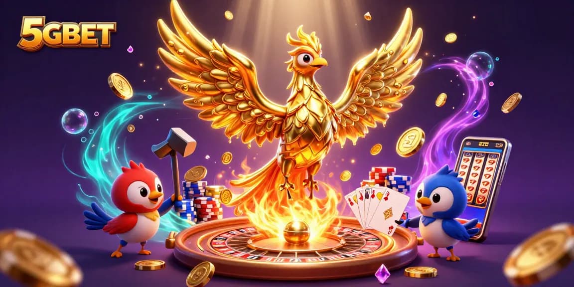 Experience exhilarating slots and jackpots at 5GBET with a dynamic golden phoenix scene.