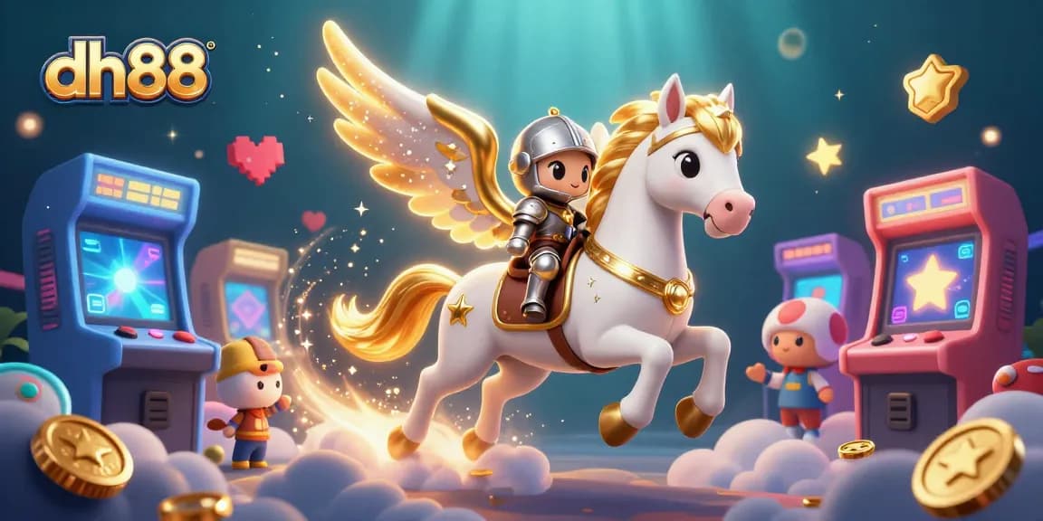 Experience thrilling gameplay at dh88 with a celestial white horse and colorful arcade machines.