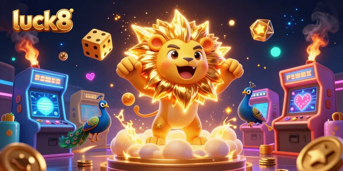 Engage in luck8 with a vibrant 3D casino scene featuring the majestic sun lion amidst golden elements, dynamic game machines, and casino-style graphics.