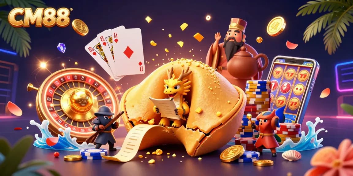 Experience the excitement of CM88 with a vibrant 3D casino illustration featuring dynamic casino elements.