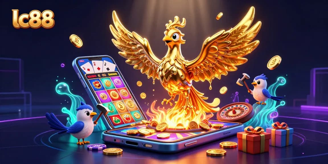 Spin and win at lc88 with golden phoenix, slots, and vibrant casino elements.