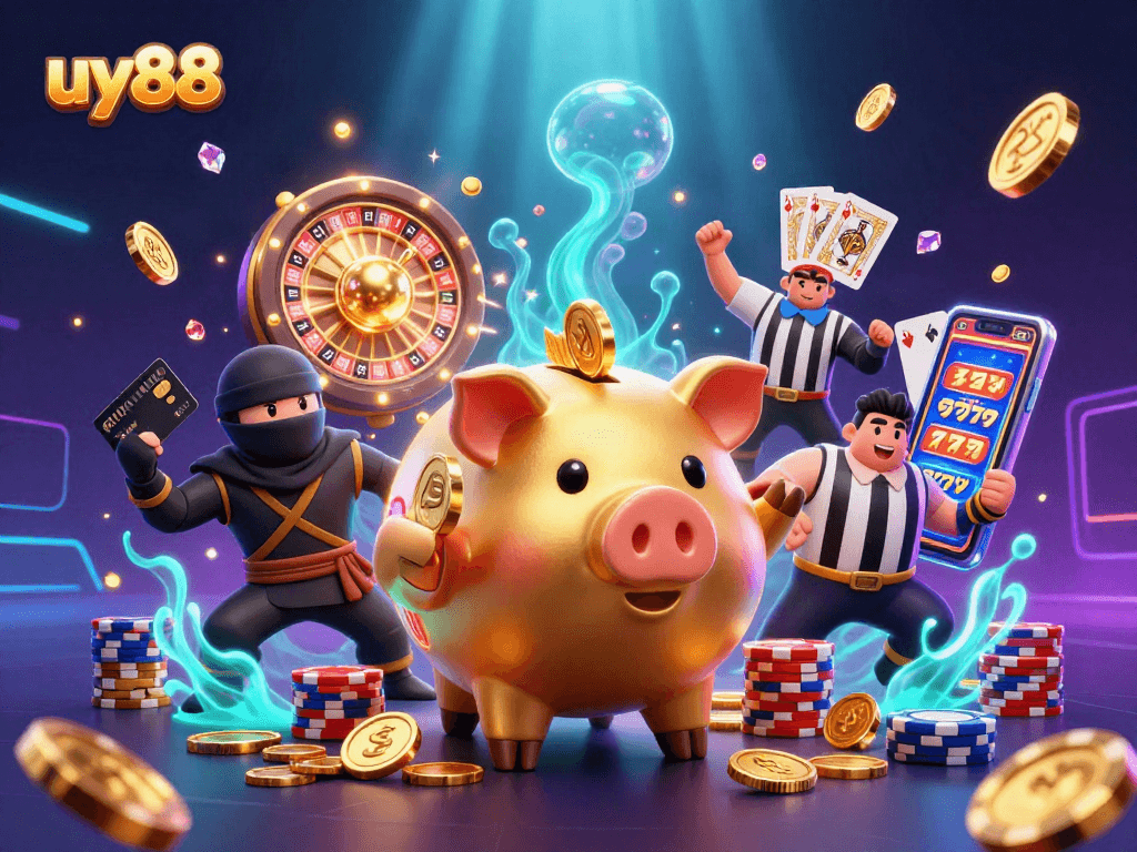 Engage with uy88's lively 3D cartoon casino scene featuring a golden piggy sumo wrestler stomping coins, surrounded by vibrant games.