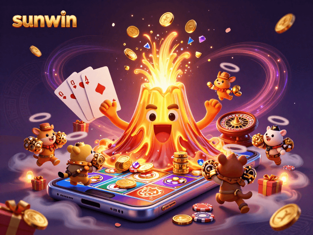 Experience the thrill of sunwin with coins erupting from a golden volcano in a vibrant casino scene.