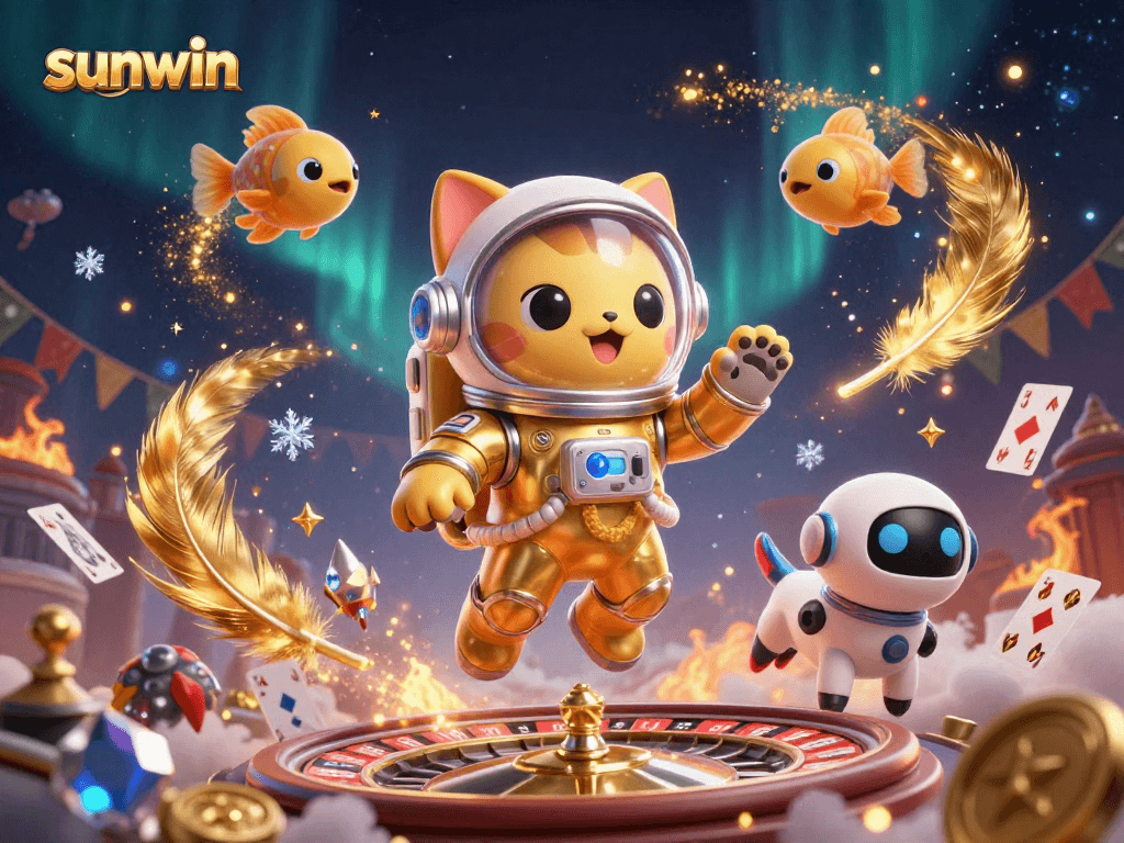 Experience sunwin's energetic casino adventures with a cartoon space cat and robot dog, enveloped in thrilling game elements.