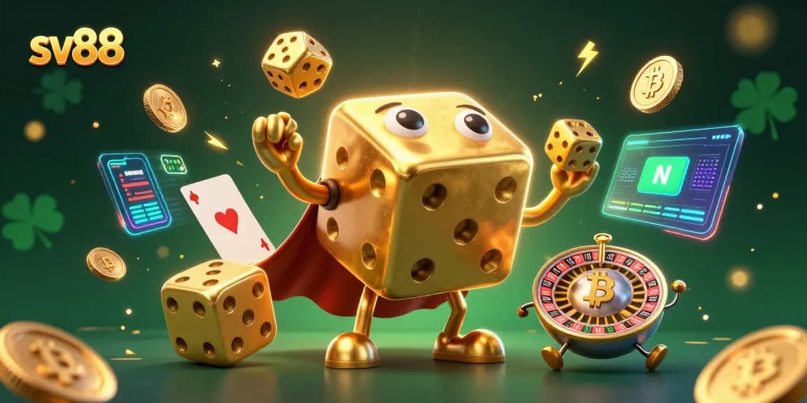 Engage with sv88's thrilling gaming experience featuring a dynamic golden dice golem and vibrant casino elements.