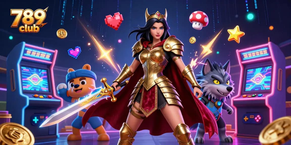 Engage with the thrill of 789 club, featuring a warrior queen and gaming elements in a vibrant casino setting.