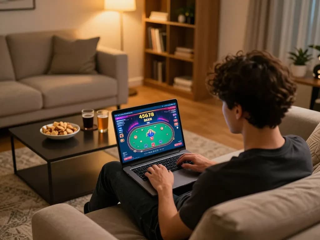 Engaging online poker gameplay on 45678 nhà cái interface with cozy home atmosphere.