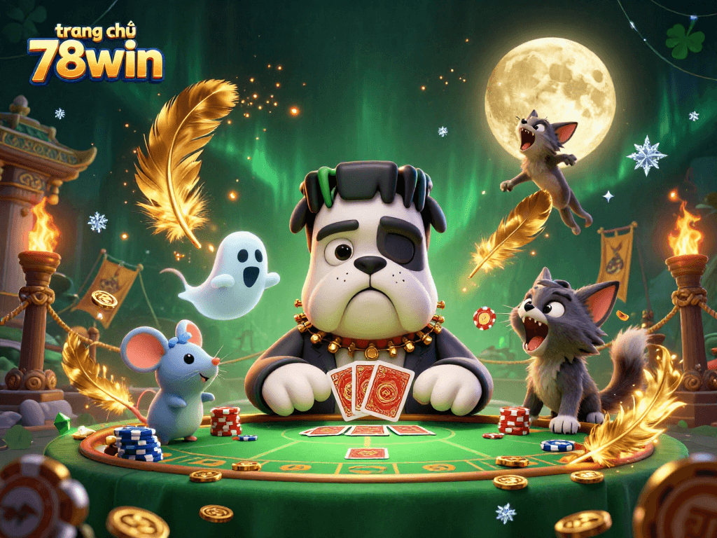 Experience the thrill of the trang chủ 78win casino with captivating characters playing cards and gold elements adding excitement.