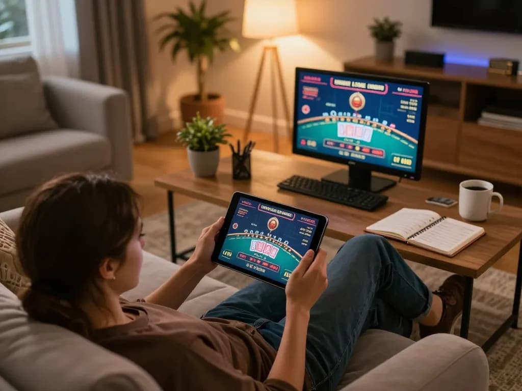 Player engaging with 27G live blackjack on tablet in warm home setting, highlighting strategic gaming moments.