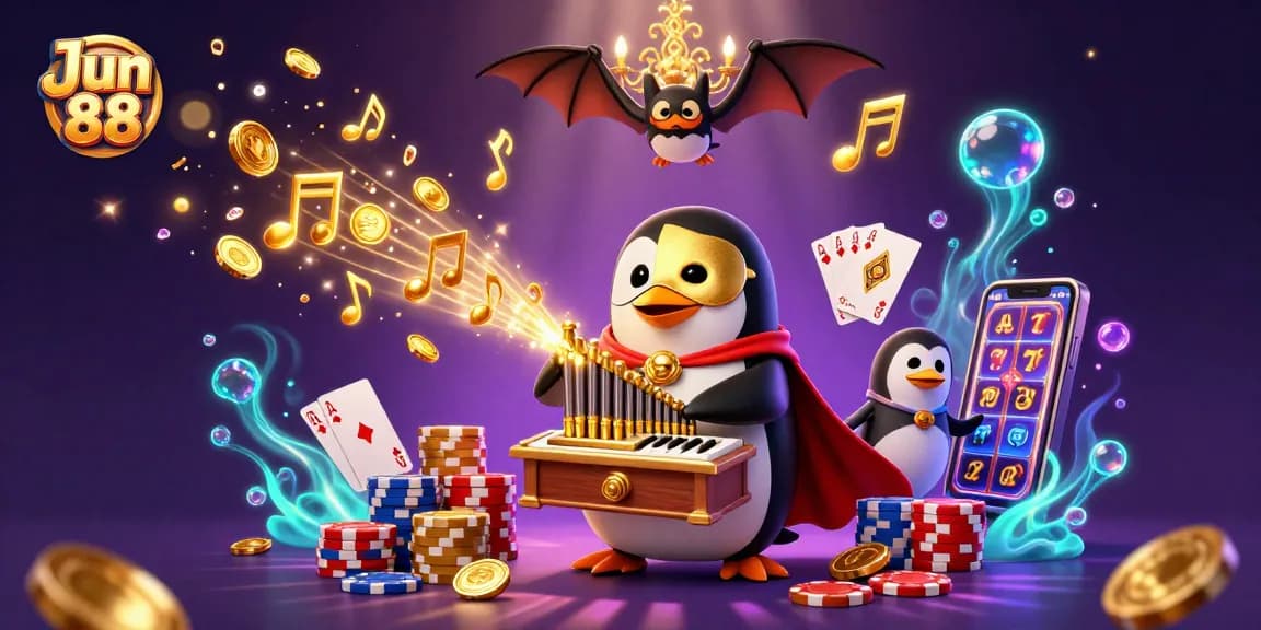Engage with Jun 88's captivating casino scene featuring a penguin organist amid a whirlwind of golden coins and game elements.