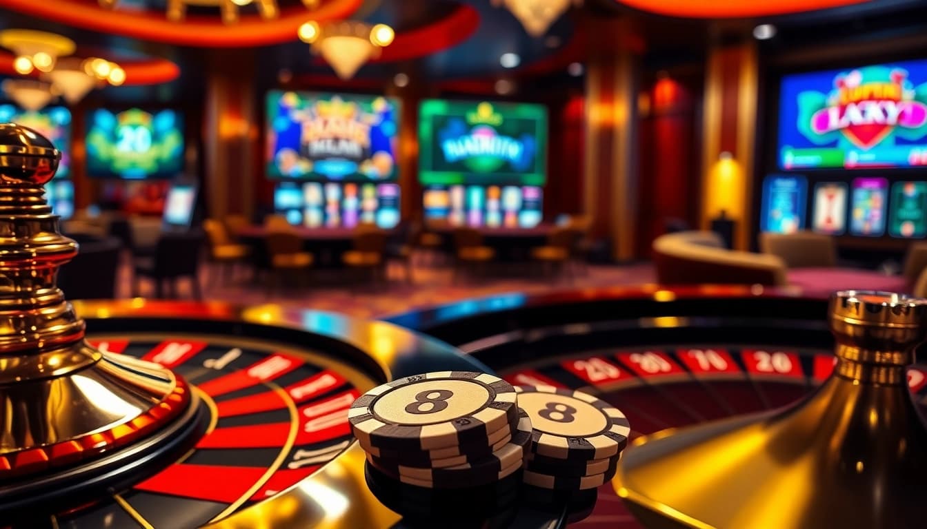 Experience the thrill of luck8 with this vibrant casino scene featuring roulette and poker elements.
