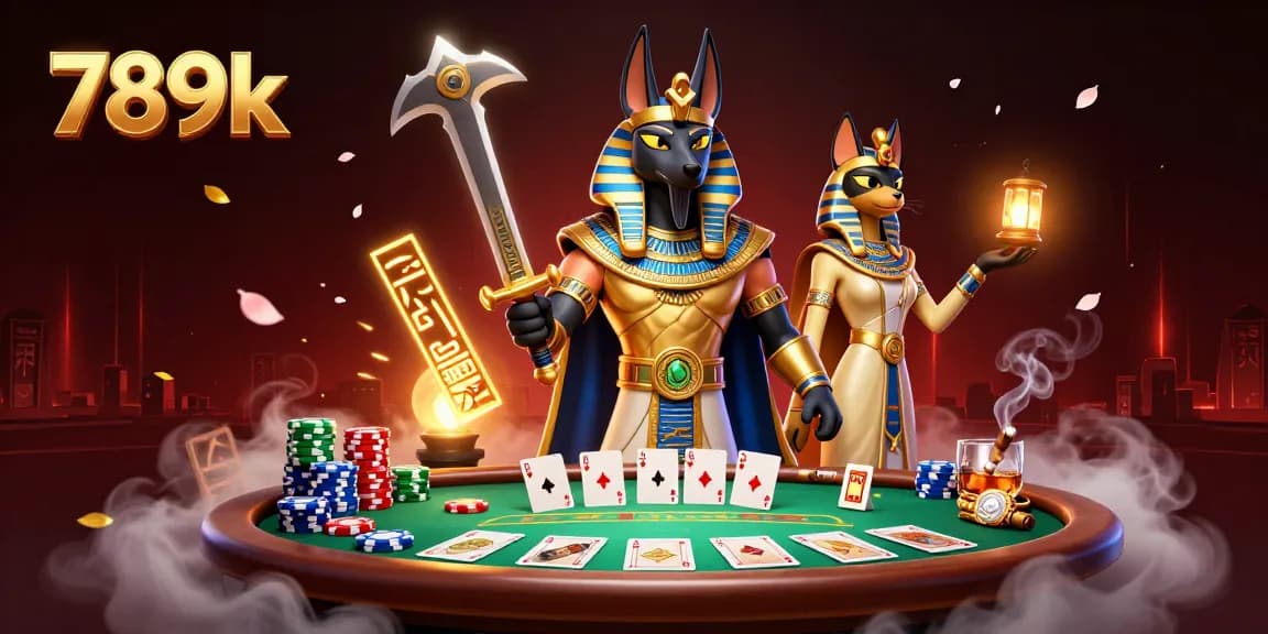 Experience the excitement of 789k with Anubis in golden armor at a vibrant poker scene.