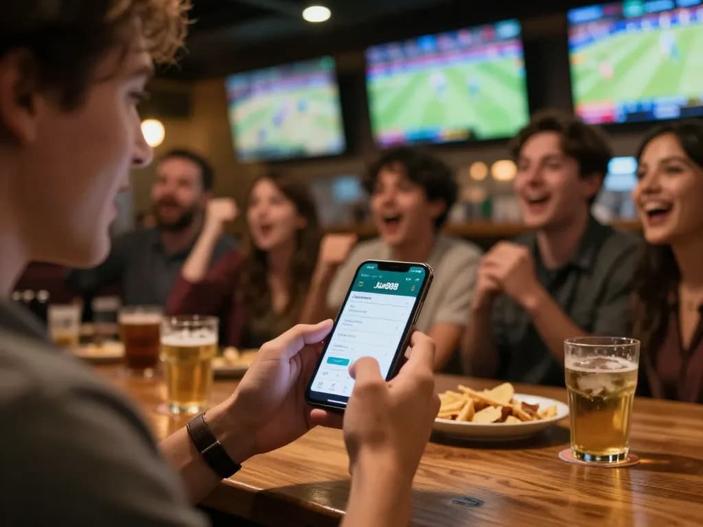 Engaging in live sports betting using Jun888's app at a lively sports bar with friends