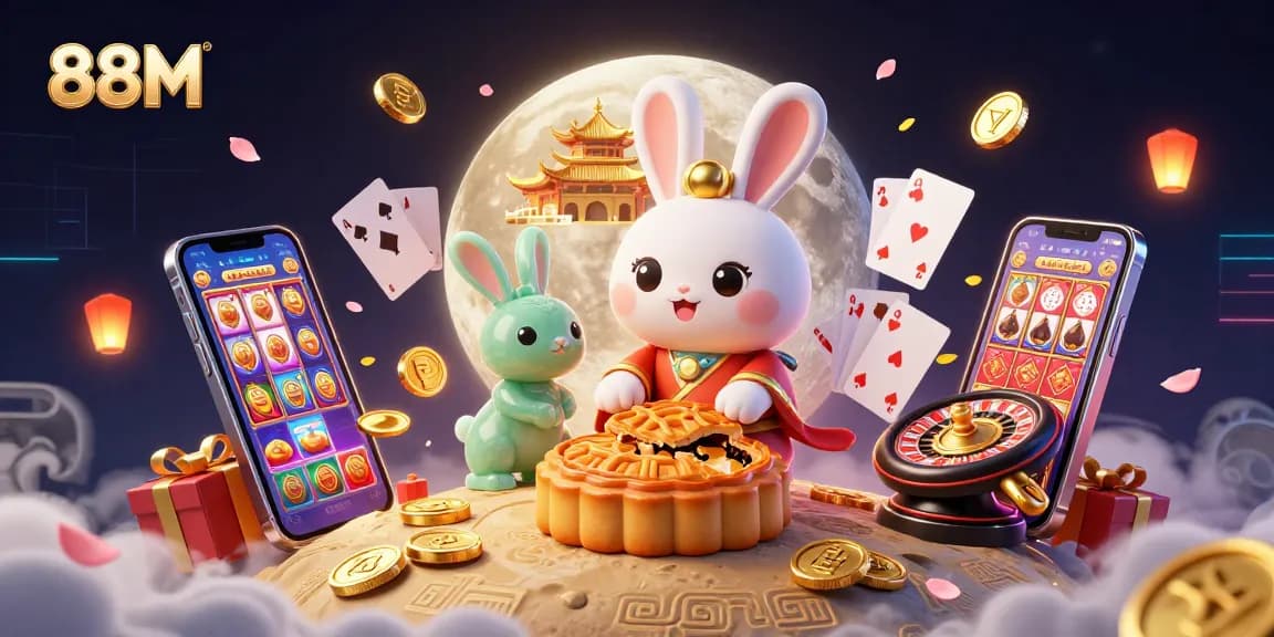 Experience thrilling poker action at 88M with animated moon rabbits revealing treasures in a festive casino scene.