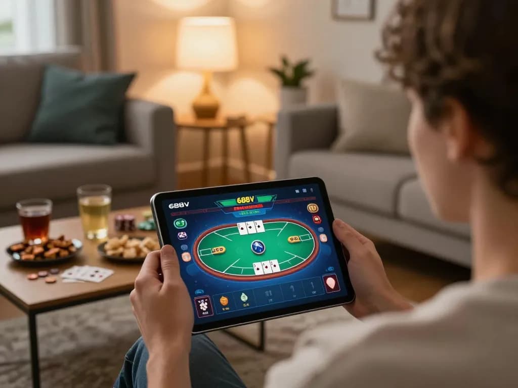 Player engaging in online poker on the 688V platform in cozy home setting, showcasing gaming interface and snacks.
