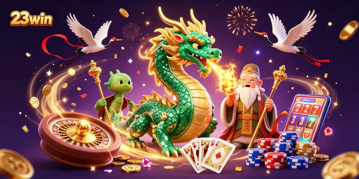 Experience the thrill of 23win with a striking scene of fortune and luck encompassing dragons, coins, and games