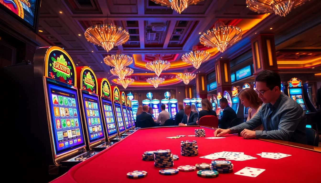 Slot gacor yang menarik dengan mesin slot berwarna-warni dan pemain yang bersenang-senang.