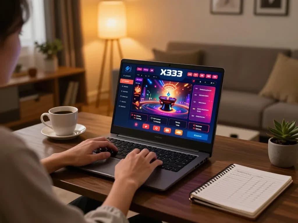 Person enjoying online gambling at x333 platform with cozy home setup and warm lighting.