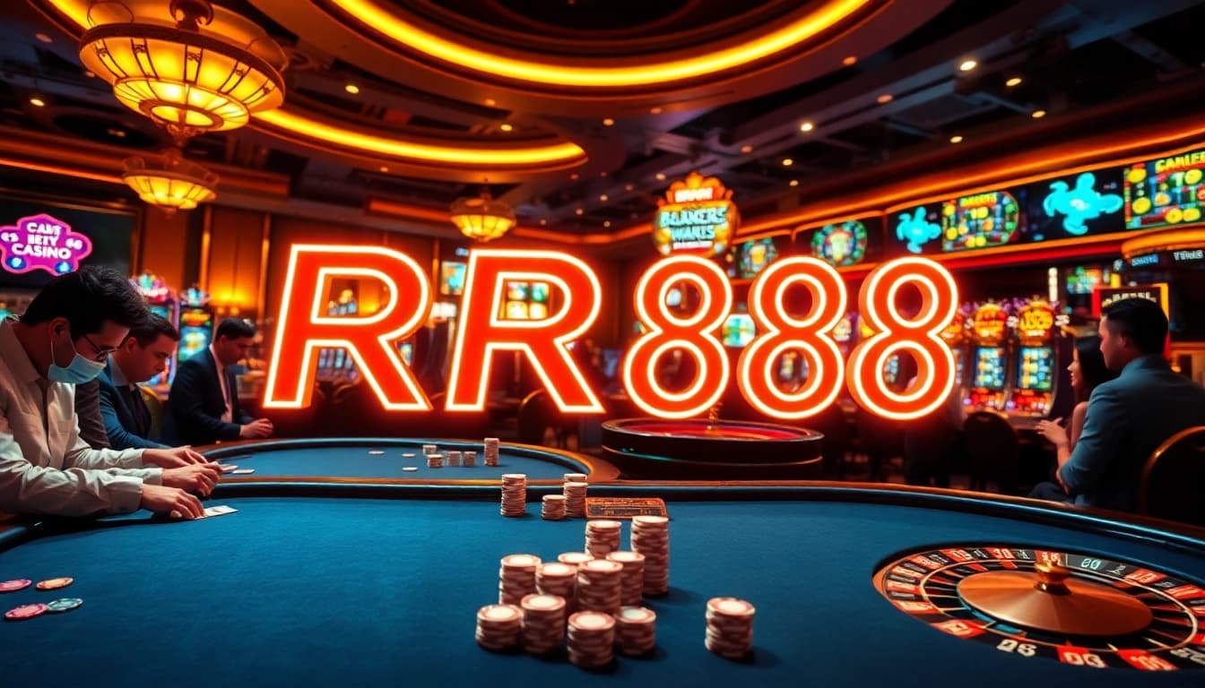 RR88 casino scene with vibrant slot machines and excited players at tables.