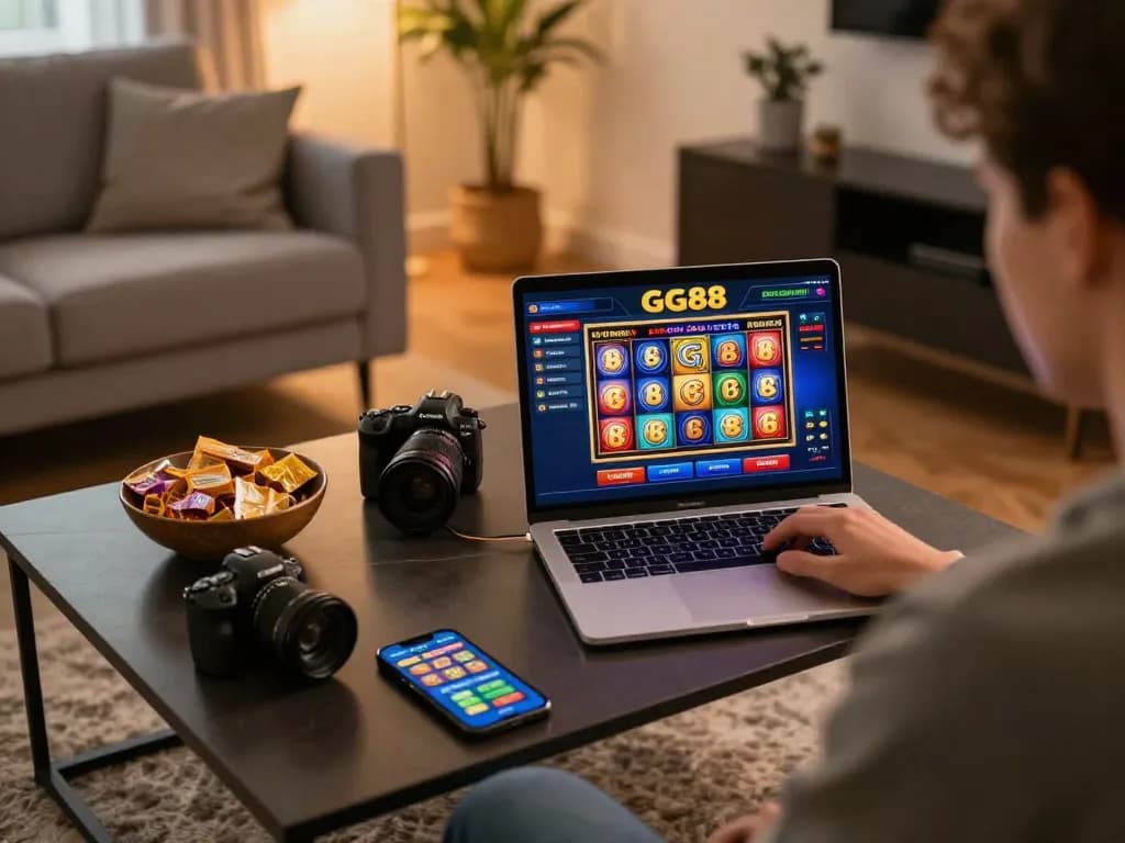 Player engaging in online slots at nhà cái GG88 on a laptop, set in a cozy home environment.