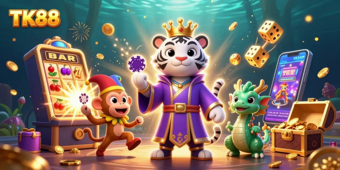 Win big with exciting games at TK88's vibrant casino, featuring a lively scene with unique characters and engaging visuals.