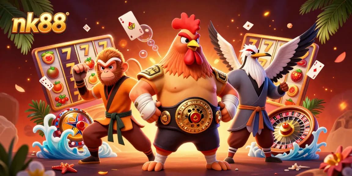 Engage with thrilling slots and dynamic gaming at nk88, featuring vibrant characters and iconic casino elements.