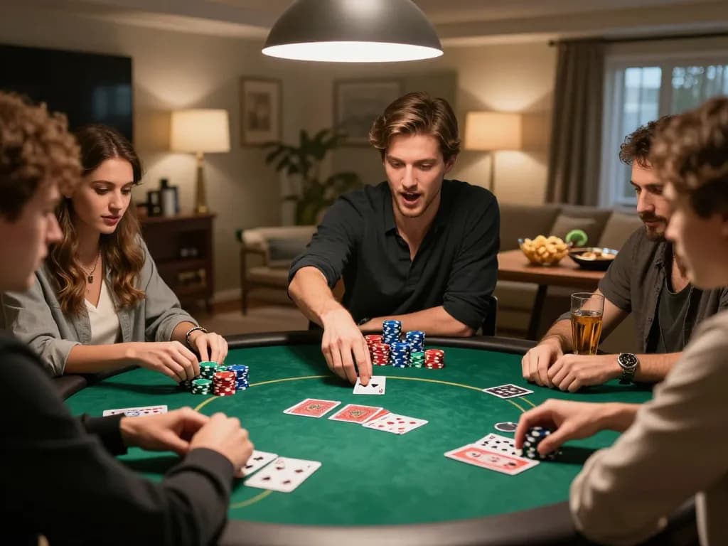 Players engaged in a thrilling poker night at home, showcasing 33nn entertainment strategies with colorful chips.