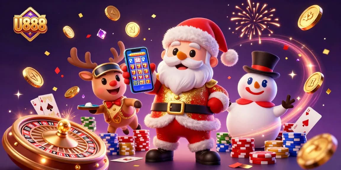 Experience exciting wins at U888 with Santa and friends celebrating casino games.