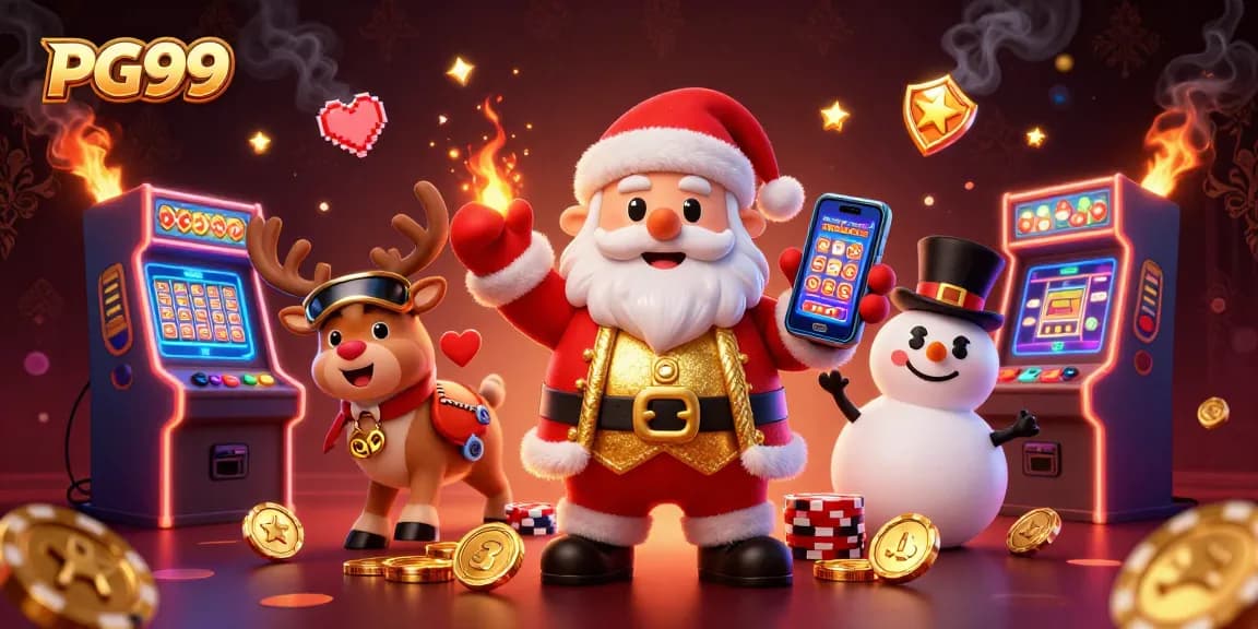 Engage with PG99's exciting gaming world with Santa and friends celebrating jackpots.