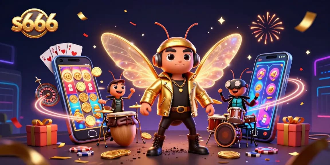 S666 online casino featuring a rock star cicada, vibrant slot games, and dynamic energy amidst festive elements.