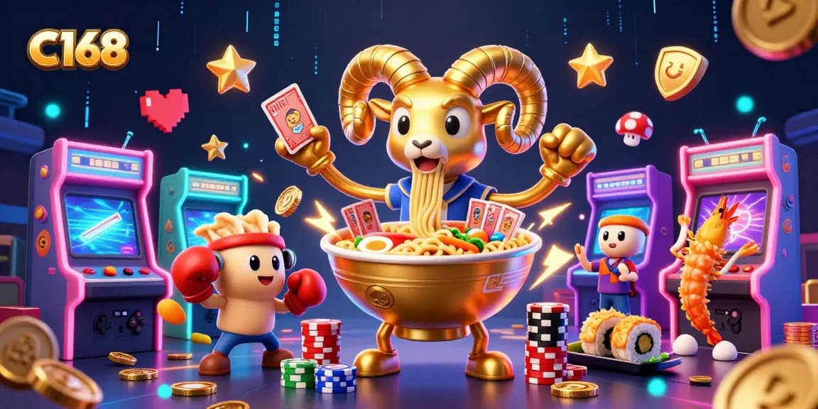 C168 captures gamblers' excitement with vibrant characters and dynamic casino elements in a colorful scene.