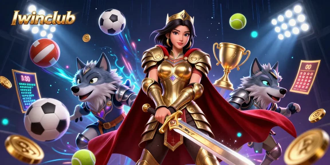 Iwinclub promotes exciting gameplay with a warrior queen and wolf amidst dynamic sports betting elements.