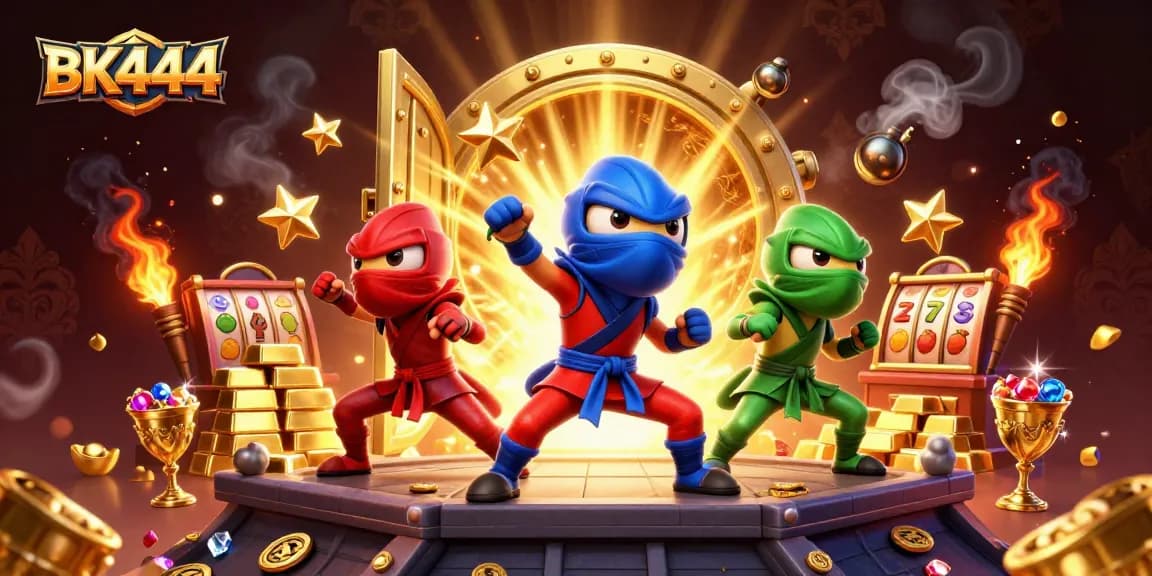 BK444 vibrant 3D illustration featuring a ninja chameleon team amidst golden treasures and slot symbols.