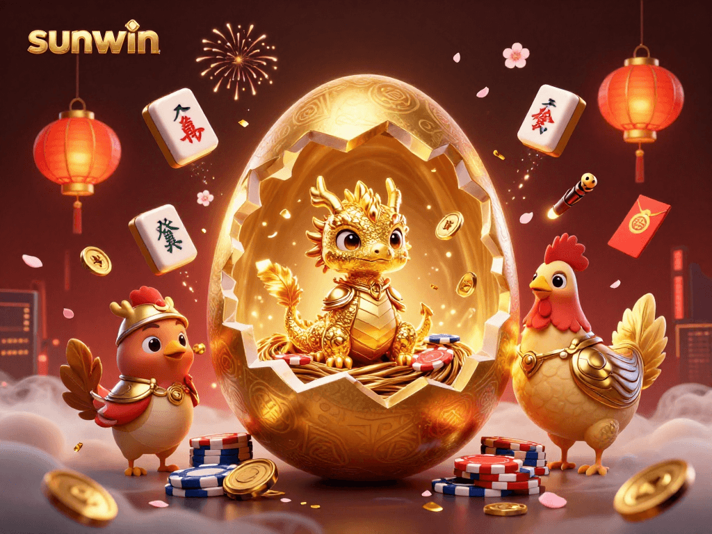 Experience the thrilling sunwin moment with golden dragon, poker chips, and vibrant casino elements.