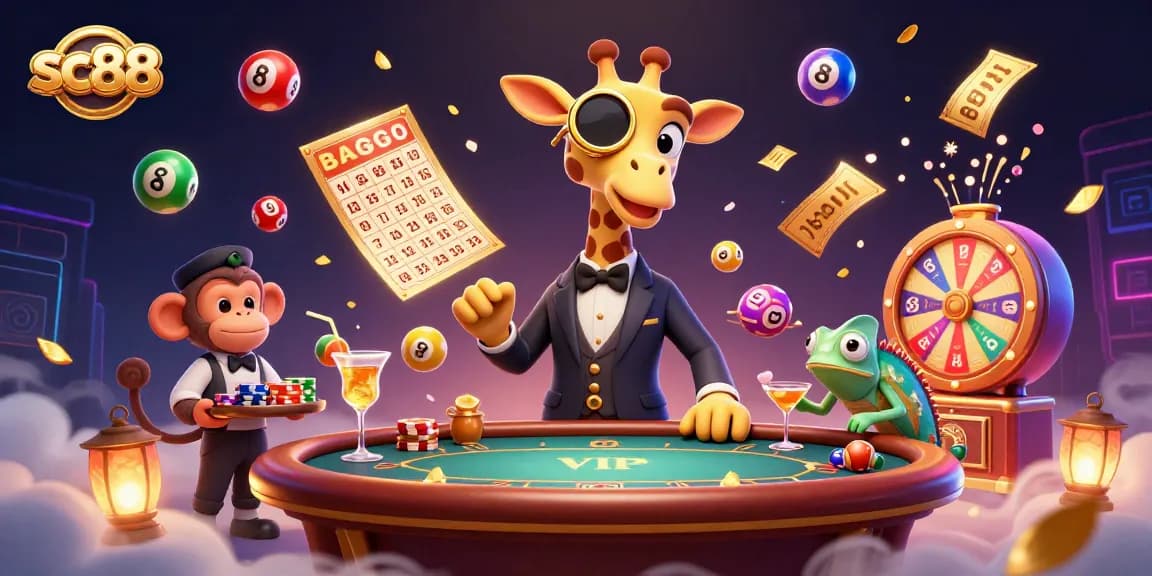 Experience sc88 with a vibrant, dynamic casino scene featuring a high-roller giraffe, colorful casino elements, and a lively atmosphere.