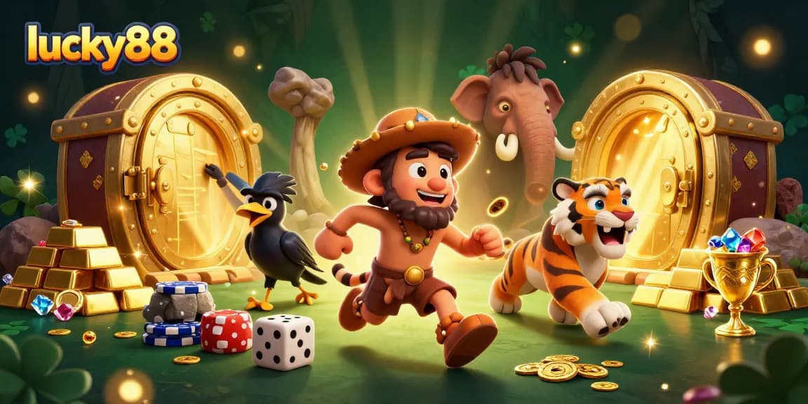 Exciting lucky88 gaming experience with a caveman and sabertooth duo in a vibrant casino.