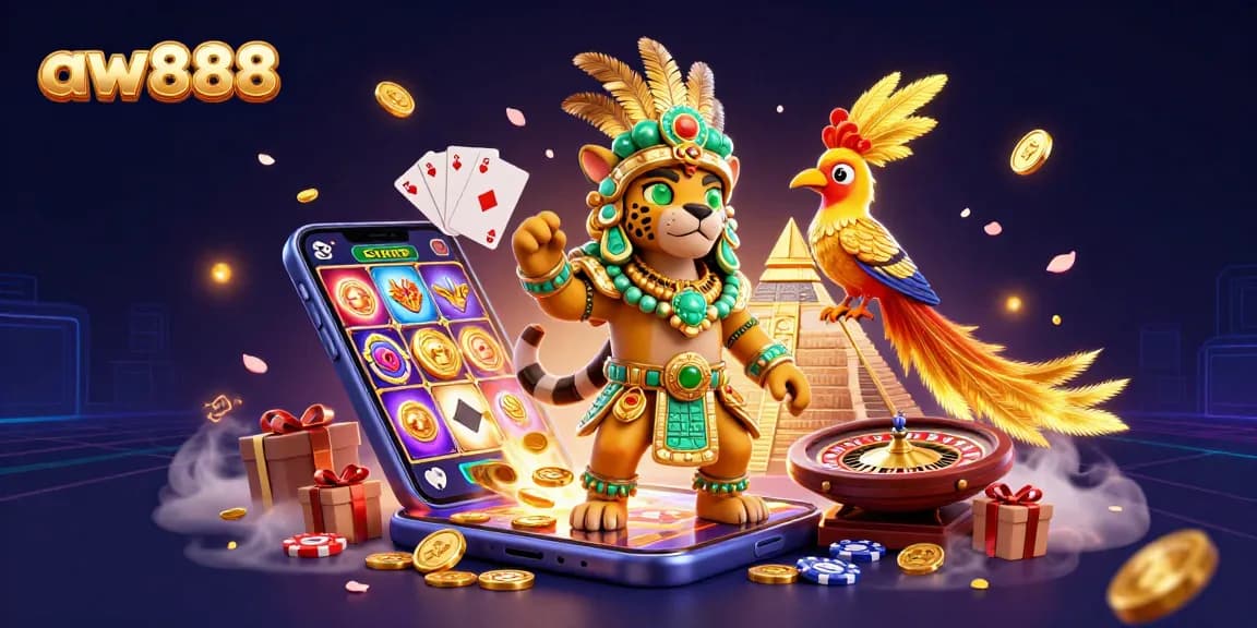 Engage with aw888's captivating slot experience featuring a Mayan jaguar priest and vibrant game elements.