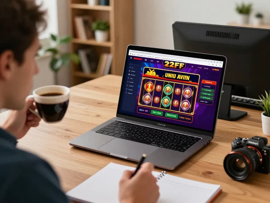 Engaged player exploring online gaming interface at https://22ff.br.com/ with notes and warm ambient lighting