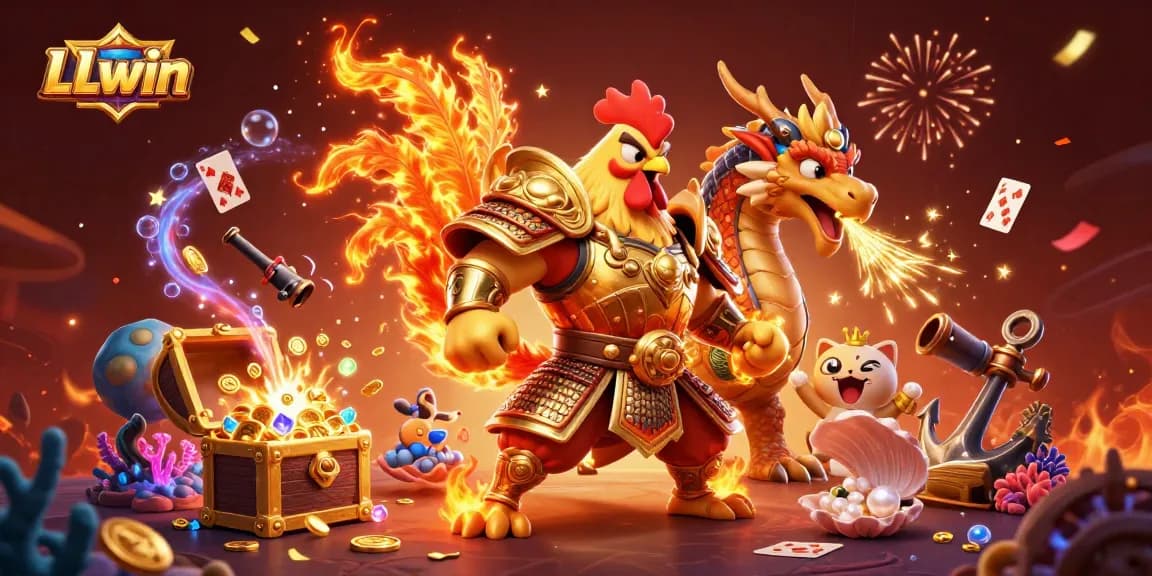 Experience thrill with LLwin's dynamic 3D illustration of a rooster warrior and dragon hatchling amidst festive casino elements.