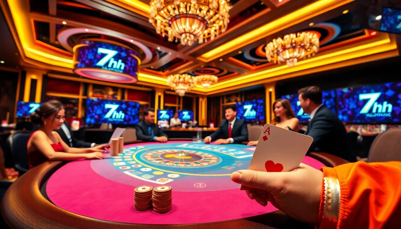 Players at a luxurious casino enjoying a winning hand at the 7hh poker table.