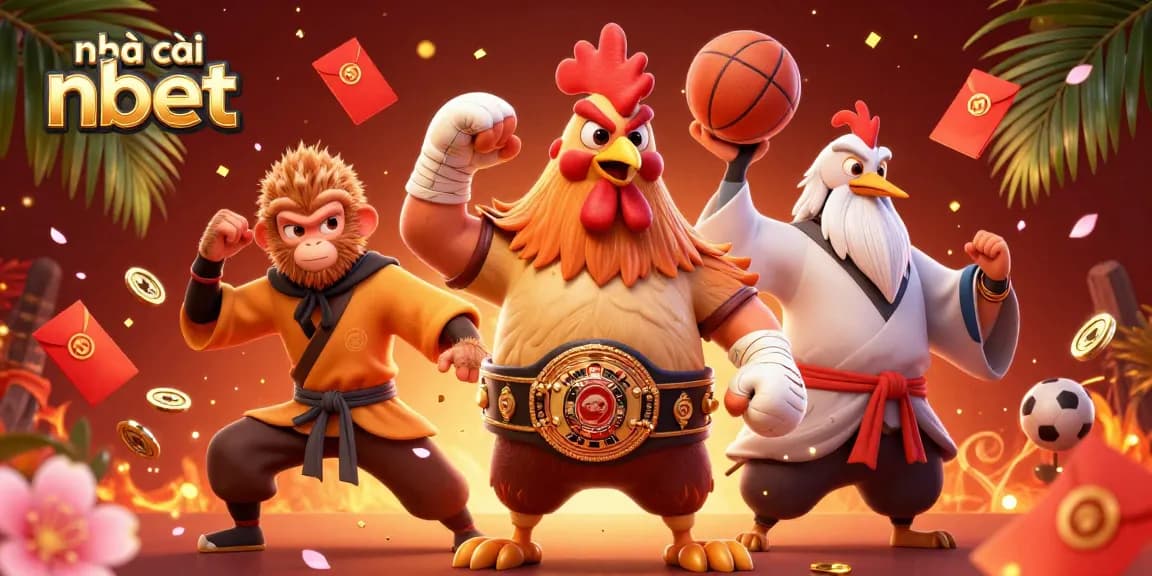 Engage with nhà cái nbet featuring a dynamic 3D cartoon scene of martial artists surrounded by colorful gambling elements.