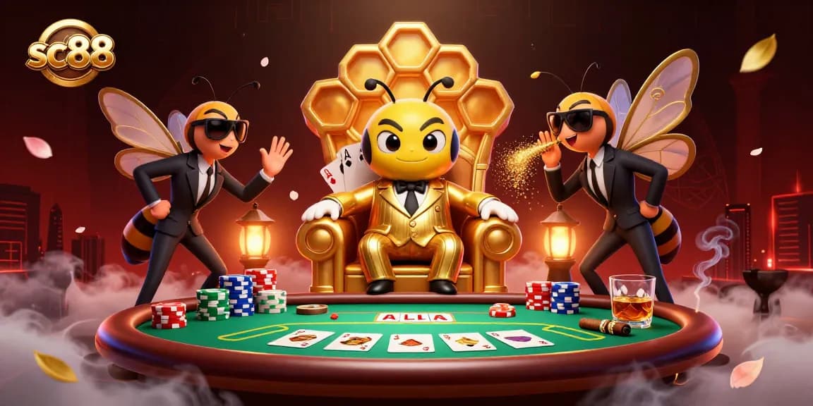 Experience sc88 action with a bumblebee mob boss overseeing poker in an intricate honeycomb throne room.