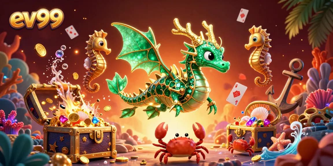 Experience the thrill of ev99 with a dazzling underwater casino scene showcasing a sea dragon, treasure chests, and more.